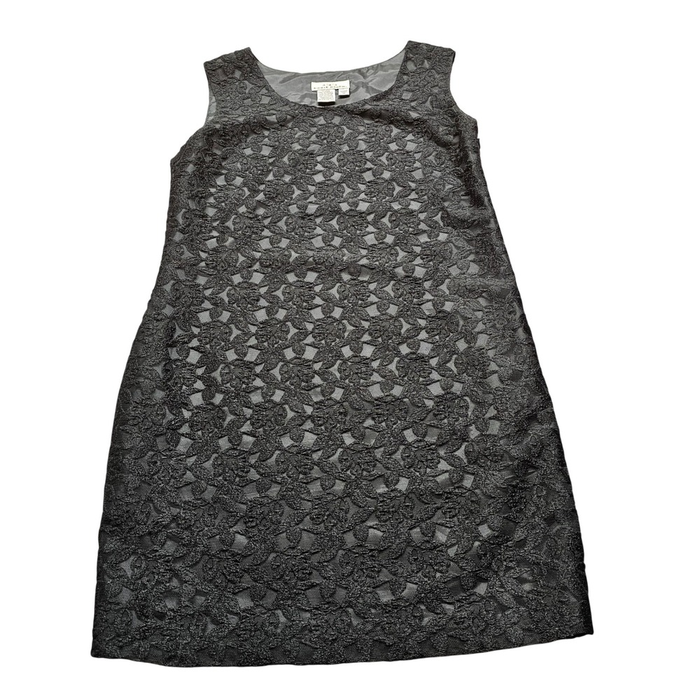 AKA Eddie Bauer Lace Shift Dress Women 12 Black Floral Sleeveless Cocktail Dress
